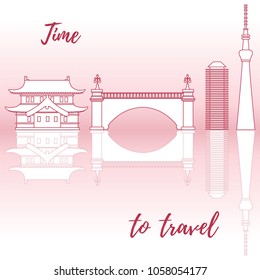 Japanese architecture. Building, suspension bridge and skyscrapers. Travel and leisure.