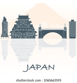 Japanese architecture. Building, suspension bridge and castle. Backdrop of mount Fuji. Travel and leisure.