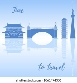 Japanese architecture. Building, suspension bridge and skyscrapers. Travel and leisure.