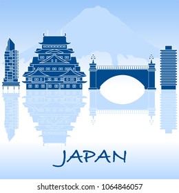 Japanese architecture. Building, suspension bridge and castle. Backdrop of mount Fuji. Travel and leisure.