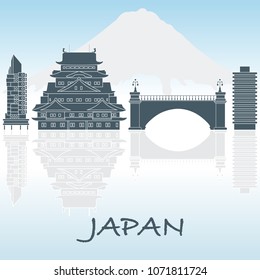 Japanese architecture. Building, suspension bridge and castle. Backdrop of mount Fuji. Travel and leisure.