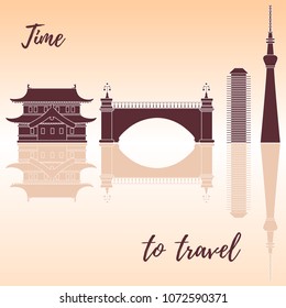 Japanese architecture. Building, suspension bridge and skyscrapers. Travel and leisure.