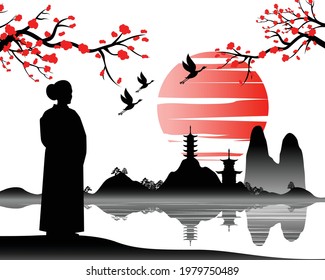 Japanese art with ancient design of kimono woman looks to the beautiful nature,vector illustration