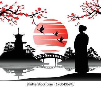 Japanese art with ancient design of kimono woman looks to the pagoda that around with beautiful nature,vector illustration
