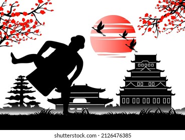 Japanese art with ancient design of sumo do fighting action near emperor castle,vector illustration