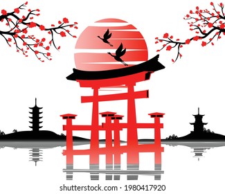 Japanese art with ancient design of Torii gate and the beautiful nature of Japan,vector illustration