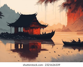 Japanese art with ancient design of Torii gate and the beautiful nature of Japan,vector illustration
