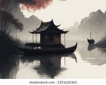 Japanese art with ancient design of Torii gate and the beautiful nature of Japan,vector illustration