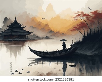 Japanese art with ancient design of Torii gate and the beautiful nature of Japan,vector illustration