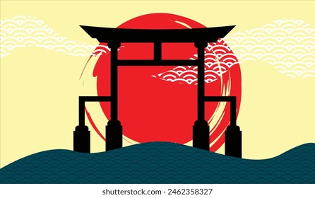 Japanese art with ancient design of Torii gate and the beautiful nature of Japan