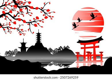Japanese art with ancient design of Torii gate and the beautiful nature of Japan,vector illustration