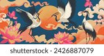 Japanese art. Chinese crane. Birds fly. Oriental illustration. Sun and clouds. Lotus blossom. Spring floral wallpaper. Asian garden print. Wave pattern. Swan flight. Vector abstract design background