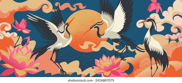 Japanese art. Chinese crane. Birds fly. Oriental illustration. Sun and clouds. Lotus blossom. Spring floral wallpaper. Asian garden print. Wave pattern. Swan flight. Vector abstract design background