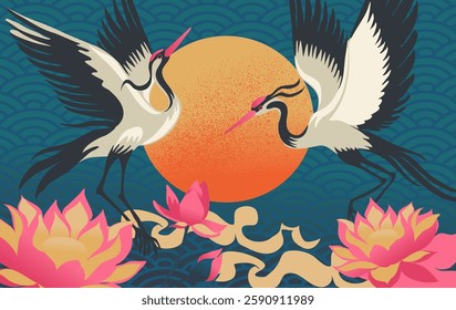 Japanese art. Chinese crane. Birds fly. Oriental lotus flowers. Water lily. Swan flight. Eastern herons flock. Egret wings. Sun and wave ornament. Japan sunrise. Vector traditional Asian background