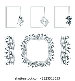 Japanese art collection. Four frames and bamboo branches. Vector isolated borders for greeting cards and invitations.