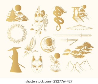 Japanese art collection. Golden hand drawn set of design elements for t-shirt, print and stickers. Vector illustrations isolated on white background.