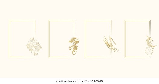 Japanese art collection. Golden set of four rectangular frames with dragon, koi fish, samurai and katana. Vector isolated borders for greeting cards and invitations.