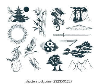 Japanese art collection. Hand drawn set of design elements for t-shirt, tattoo, print and stickers. Vector illustrations isolated on white background.