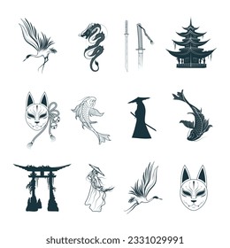 Japanese art collection. Set of 12 design elements for t-shirt, tattoo, print and stickers. Hand drawn vector illustration isolated on white background.