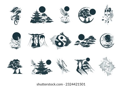 Japanese art collection. Set of 15 design elements for t-shirt, tattoo, print and stickers. Hand drawn vector illustrations isolated on white background