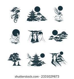 Japanese art collection. Set of 9 design elements for t-shirt, tattoo, print and stickers. Hand drawn vector illustrations isolated on white background.