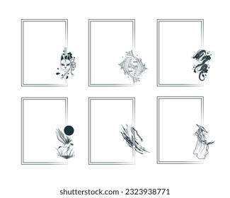 Colección de arte japonés. Conjunto de seis marcos rectangulares con máscara de kitsune, dragón, pez koi, grúa, samurai y katana. Bordes aislados de vectores para tarjetas de felicitación e invitaciones.