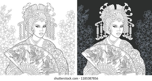 Japanese art. Coloring Page. Coloring Book. Colouring picture with geisha drawn in zentangle style. Antistress freehand sketch drawing. Vector illustration.