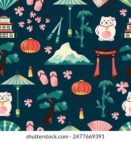 Japanese art and culture seamless pattern. Set of Japanese travel. Symbols of the island. Various sights and famous elements. Pagoda architecture, maneki neko toy. National traditional illustration