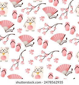 Japanese art and culture seamless pattern. Set of Japanese travel. Symbols of the island. Various sights and famous elements. Pagoda architecture, maneki neko toy. National traditional illustration