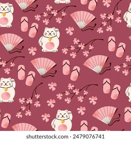 Japanese art and culture seamless pattern. Set of Japanese travel. Symbols of the island. Various sights and famous elements. Pagoda architecture, maneki neko toy. National traditional illustration