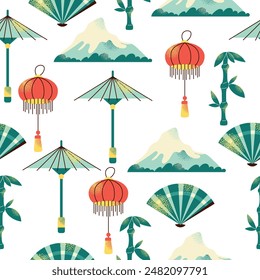 Japanese art and culture seamless pattern. Set of Japanese travel. Symbols of the island. Various sights and famous elements. Pagoda architecture, maneki neko toy. National traditional illustration