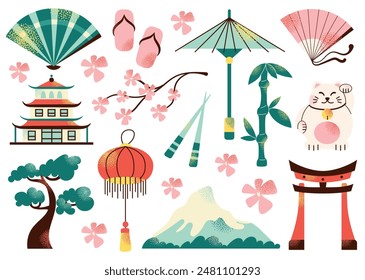 Japanese art and culture set. Set of Japanese travel icons. Symbols of the island. Various sights and famous elements. Pagoda architecture, maneki neko toy. National traditional Japan illustration