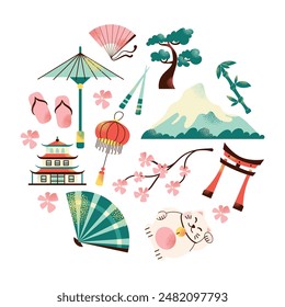 Japanese art and culture set. Set of Japanese travel icons. Symbols of the island. Various sights and famous elements. Pagoda architecture, maneki neko toy. National traditional Japan illustration