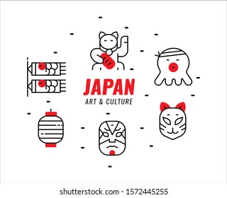 Japanese art and culture. Thin line design elements. vector illustration
