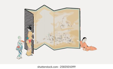 Japanese art depicting two women and a child in traditional attire. The women and child are in a serene setting, showcasing Japanese culture and tradition. Vintage Japanese illustration vector.