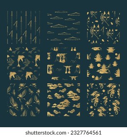 Japanese art design. Golden set of nine hand drawn seamless patterns on a black background for  textile, texture and wrapping paper.