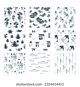 Japanese art design. Set of nine hand drawn seamless patterns. Vector backgrounds for  textile, texture and wrapping paper.