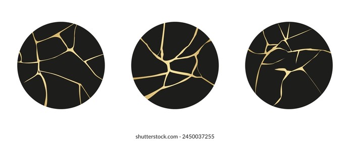 Japanese art of gold kintsugi repairing broken pottery set. Hand drawn golden crackles texture for social media template, highlight cover. Vector illustration
