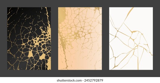 Japanese art of gold kintsugi repairing broken pottery modern cover design set. Luxury vector template in black, gold, white colors for card, invite, menu, poster 