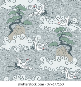 Japanese art inspired seamless pattern of flying cranes, water and trees