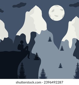 Japanese art with Nature landscape can used travel agency banner, poster, flyer. Advertising Hiking Travel with Mountains. Vector illustration with Abstract in asian style and person silhouette.