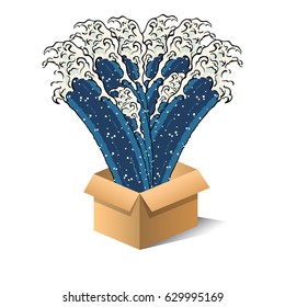Japanese Art Ocean Graphic Wave Coming Out of the Box Vector Art Design Illustration