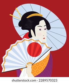 japanese art - picture of a geisha with an umbrella and a hand fan