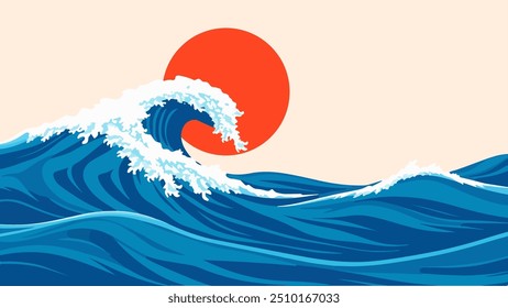 Japanese art style ocean wave with a bold red sun in the background