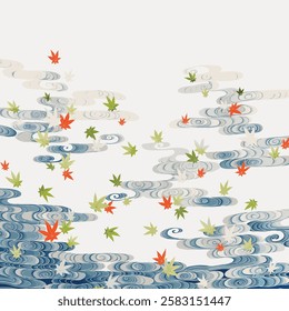 Japanese art with swirling patterns and maple leaves. Traditional Japanese design with maple leaves and swirling patterns. Art highlights Japanese cultural motifs. Vintage Japanese illustration vector