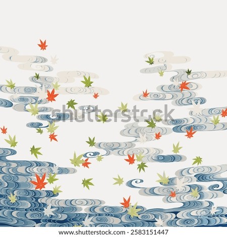 Japanese art with swirling patterns and maple leaves. Traditional Japanese design with maple leaves and swirling patterns. Art highlights Japanese cultural motifs. Vintage Japanese illustration vector