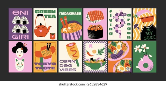 Japanese asian culture posters in minimalist style. Cartoon traditional motifs, sushi, geisha, koi fish, sakura blossoms and ramen. Wall decor, trendy banners. Decor of wallpaper, print and banners