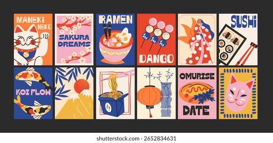 Japanese asian culture posters in minimalist style. Cartoon traditional motifs, sushi, geisha, koi fish, sakura blossoms and ramen. Wall decor, trendy banners. Decor of wallpaper, print and banners
