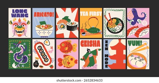 Japanese asian culture posters in minimalist style. Cartoon traditional motifs, sushi, geisha, koi fish, sakura blossoms and ramen. Wall decor, trendy banners. Decor of wallpaper, print and banners
