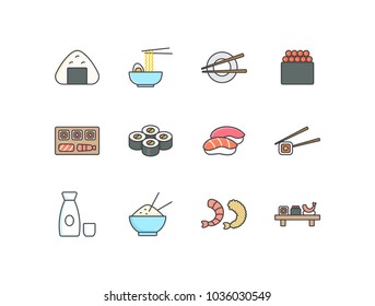 Japanese Asian food flat line colored icons set with rice ball, ramen noodles, chopsticks, roll, sushi, sashimi, sake bottle, rice bowl, shrimp.